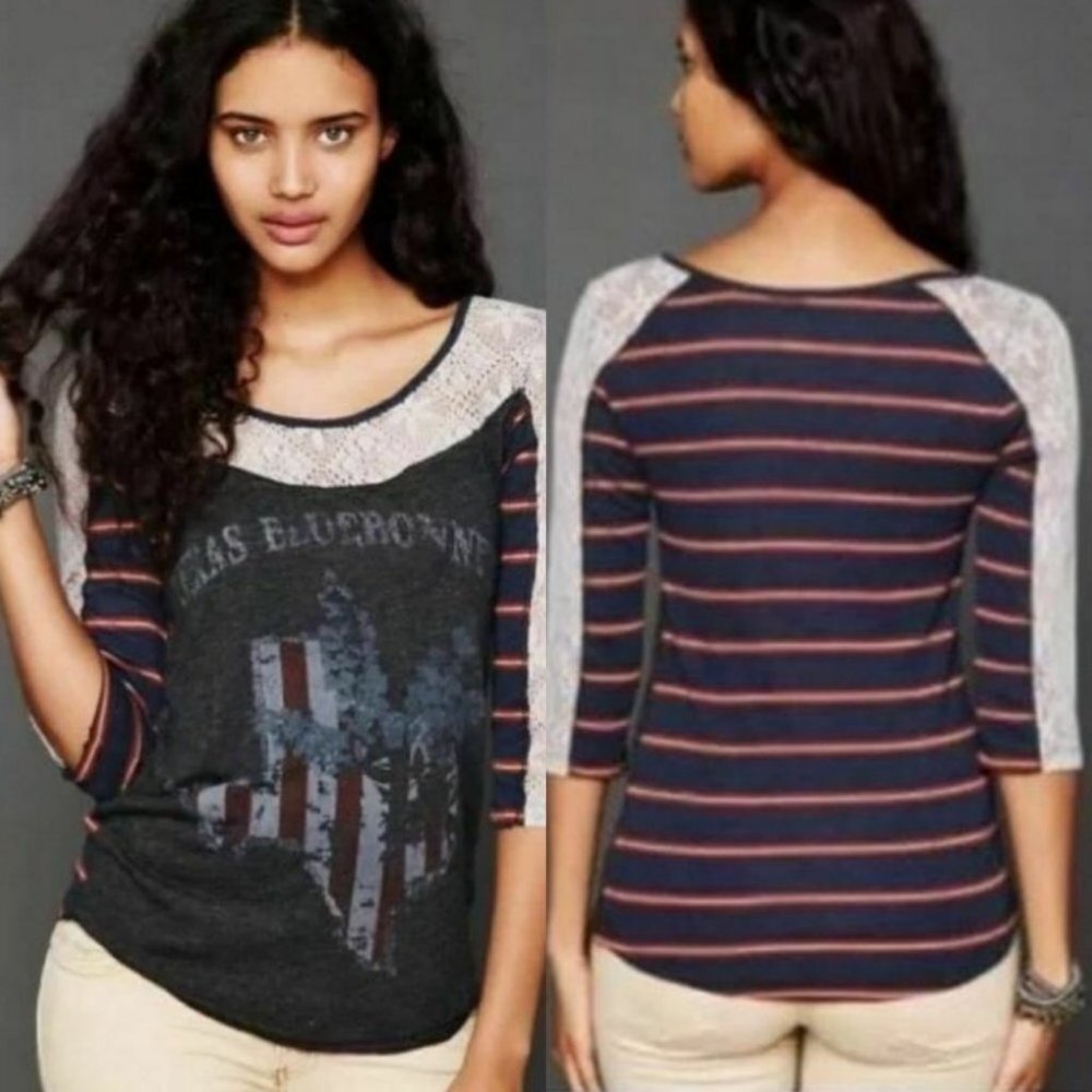 Free People Texas Bluebonnete Long Sleeve Tee Striped Burnout Size XS Bohemian